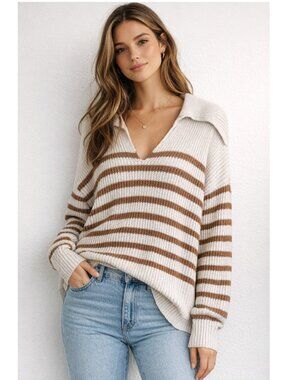 Nordstrom Sweater Cream Tan V-Neck Classic Stripes Oversized Size Medium